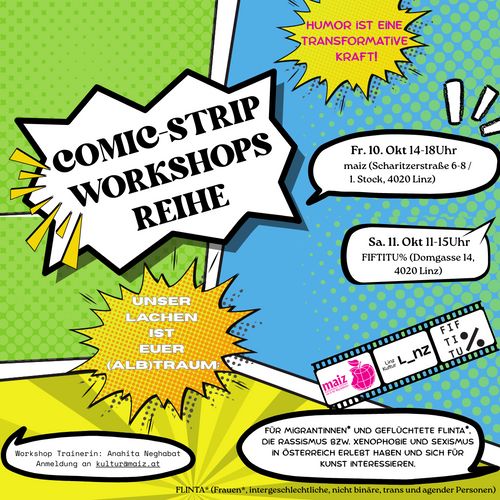   Comic-Workshopsreihe „Unser Lachen ist euer (Alb)traum“

auf dem bild, diverse comic-style sprachblasen kommunizieren die workshops infos.

background ist in drei voll-farb teilen geteilt (gelb, grün, blau) mit leichte effekte wie punkte oder lineen.
