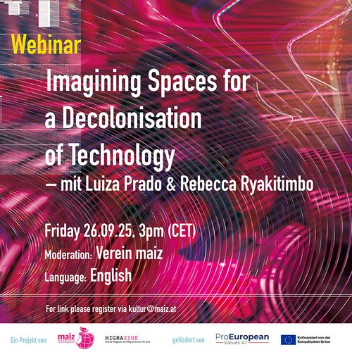 image announcing webinar. title "Imagining Spaces for a Decolonisation of Technology" and additional
information from the announcement. 
In the lower part: partners and sponsor logos.

the background image consists a very warped portrait of four people with heavy image filtering turning everything into a whirlpool of purple/white lines.